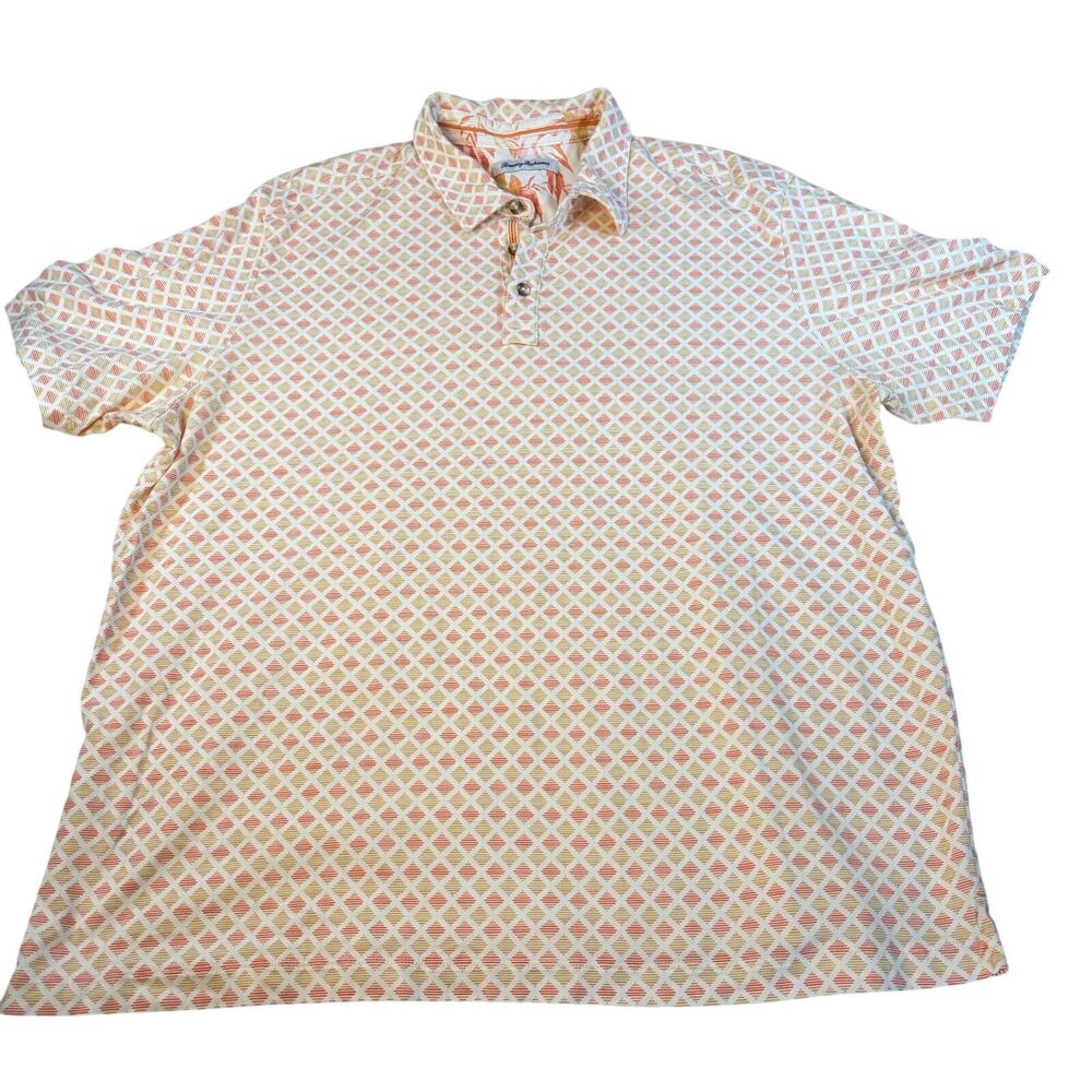 Tommy Bahama mens orange yellow diamond print polo. Size XXL. golf, vacation